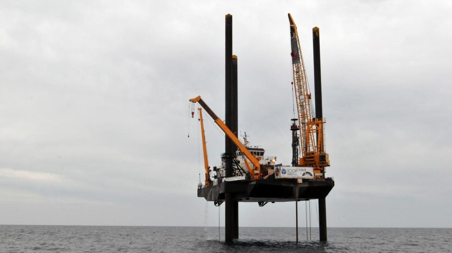 The rig from which researchers drilled into ancient rock.