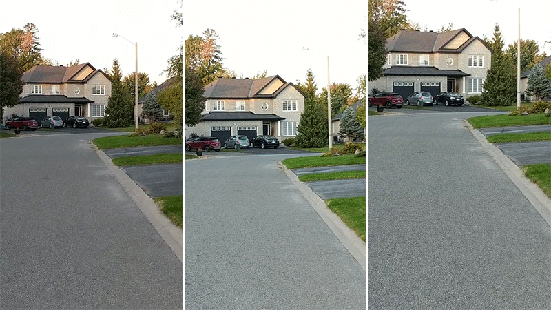 (LEFT) Handheld Google Pixel 2 XL using the standard Android Camera app. (MIDDLE) Handheld Google Pixel 2 XL using the DJI Mimo app to shoot. (RIGHT) Google Pixel 2 XL in the DJI Osmo Mobile 3 using the DJI Mimo app to shoot.