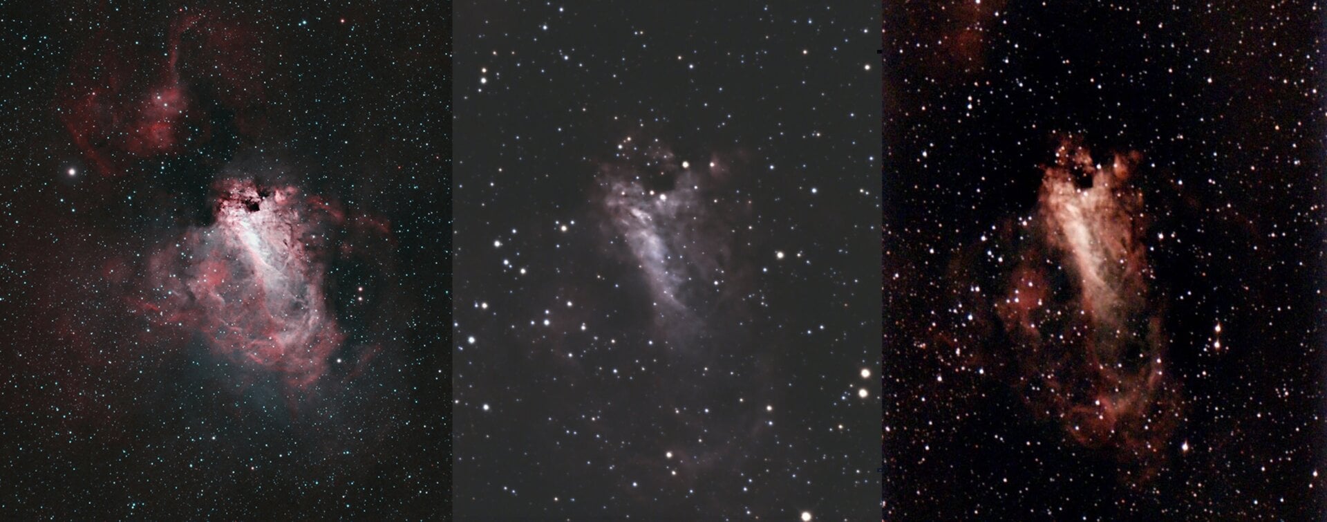 Comparisons of telescope images of the Omega (aka Swan) Nebula. On the left is an approximately $4,000 telescope setup including an off-the-shelf refracting telescope, tracking mount, a camera, a cheap laptop, and stacking software. At the center is the Bellavia Mini. On the right is Stellina.