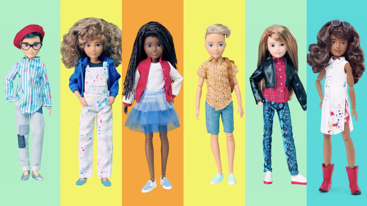 A collection of Mattel’s new gender-neutral Creatable World dolls.