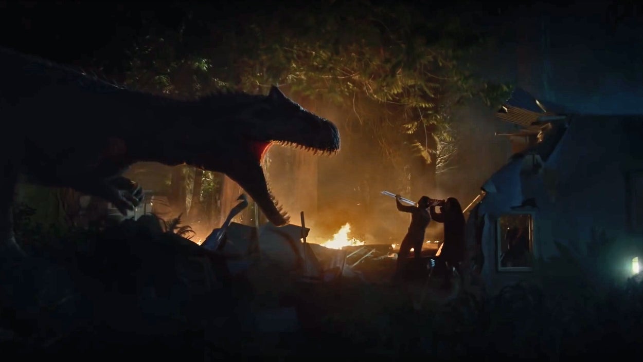 An Allosaurus stalks a very unfortunate family.