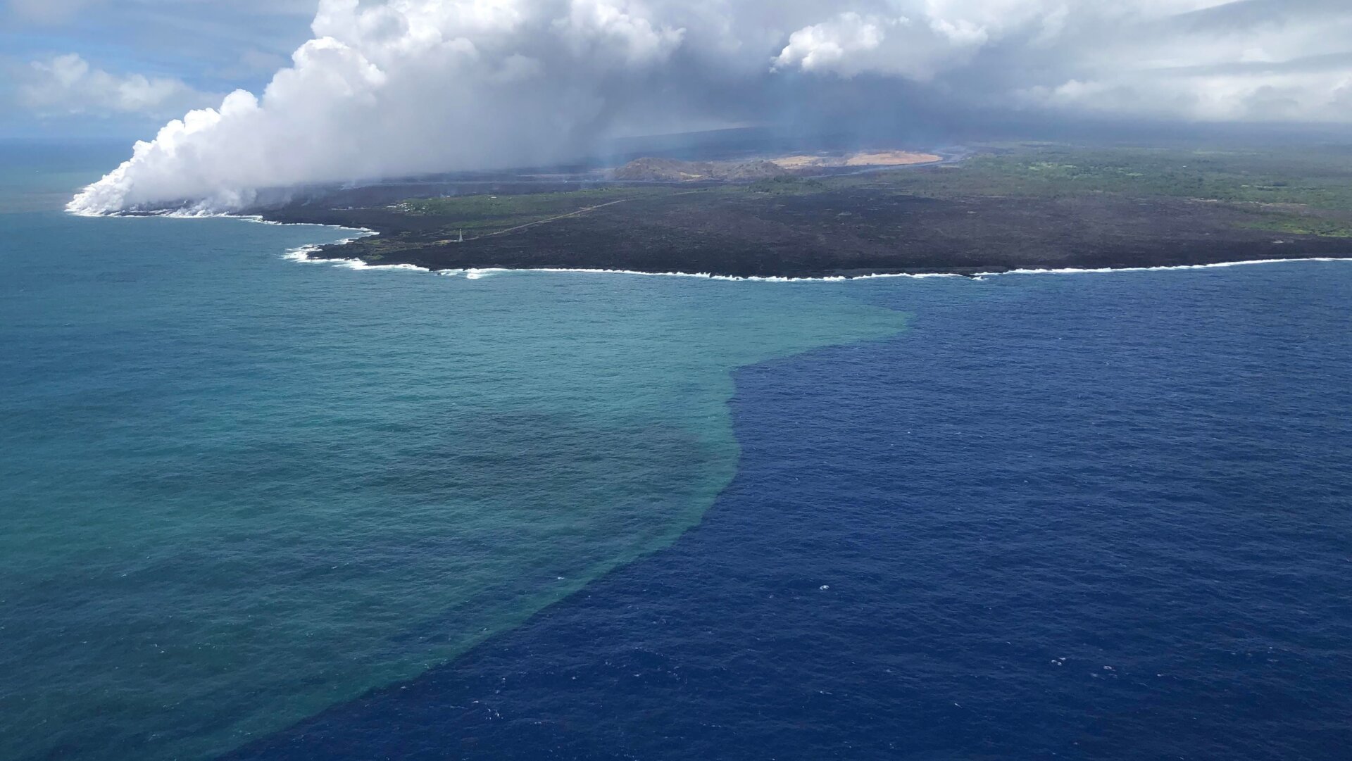 The clearly visible green phytoplankton bloom during the 2018 Kilauea eruption.