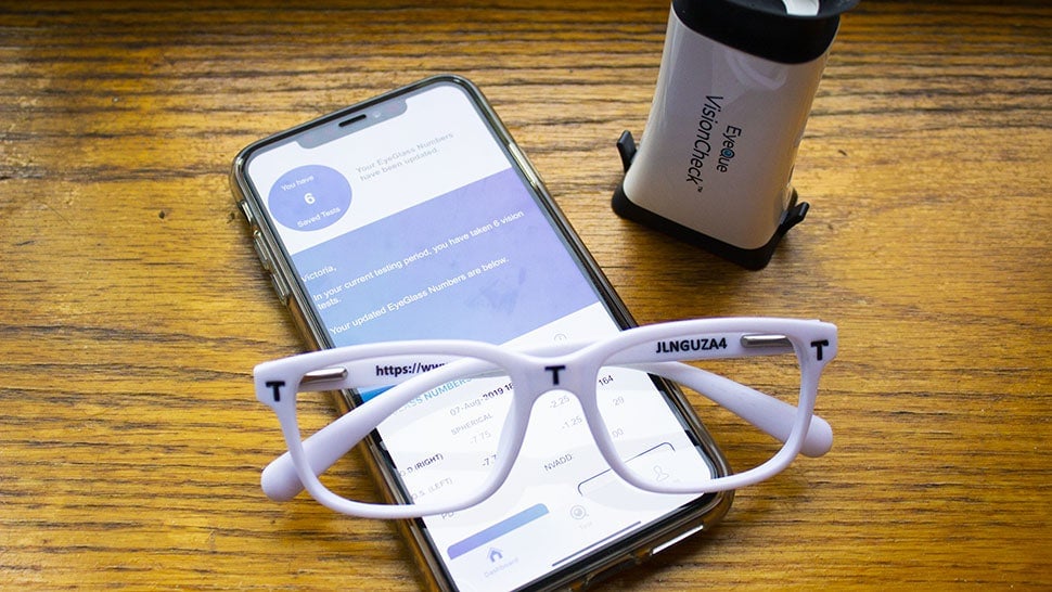 These white frames are used to measure your pupillary distance—a measurement you need to order glasses online. 