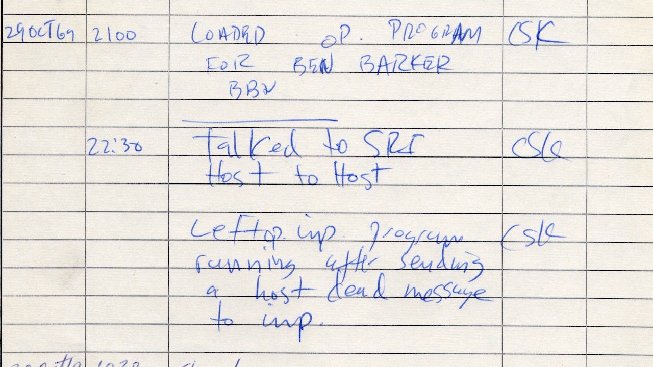 The notebook that documented the first “internet” connection made on the ARPANET on October 29, 1969 at UCLA