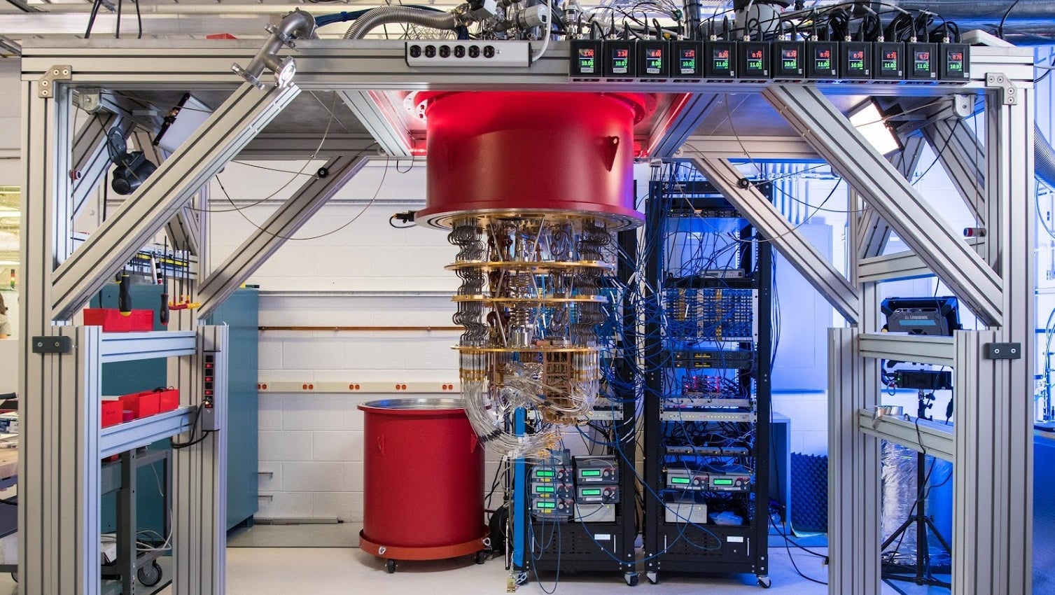 Google’s quantum computer. All those wires are devoted to controlling individual qubits and keeping everything at incredibly cold temperatures.