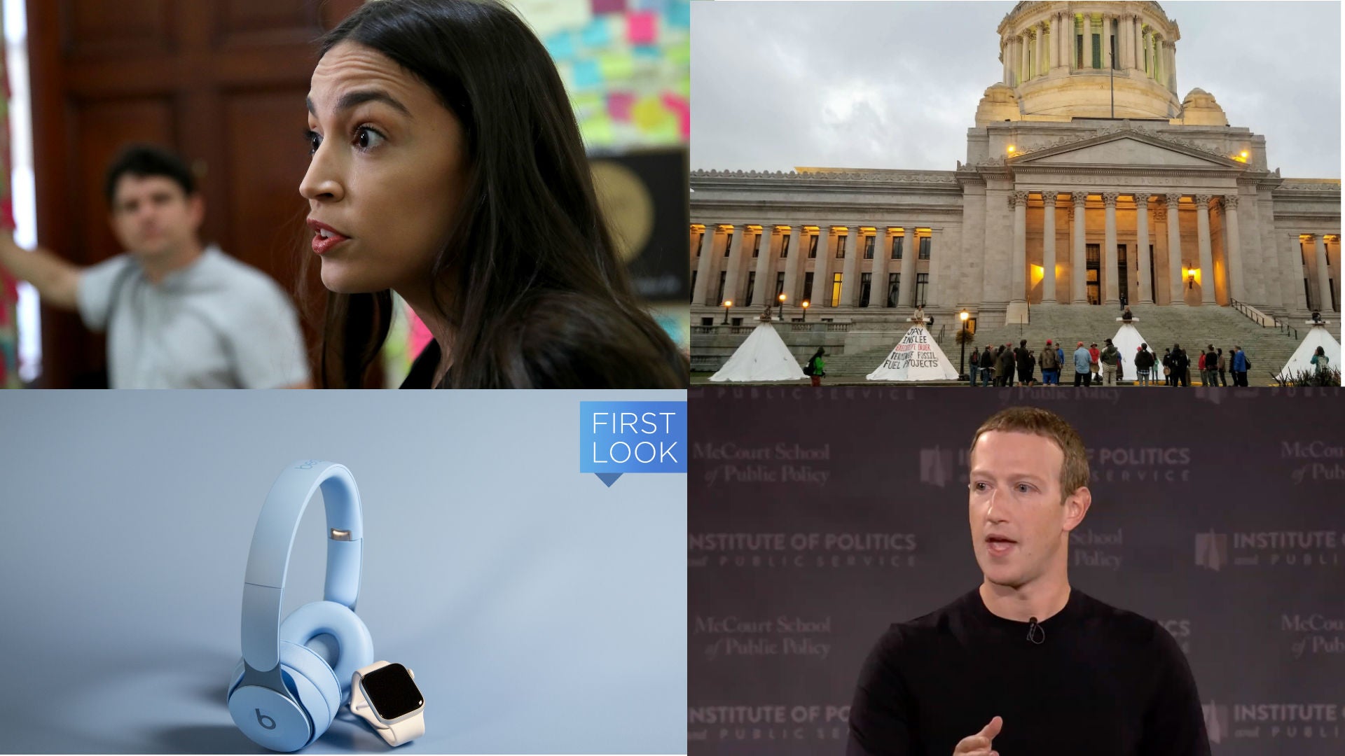 Clockwise from top left: Win McNamee (Getty); Jess Lee (Protectors of the Salish Sea); Adam Clark Estes (Gizmodo); Facebook.