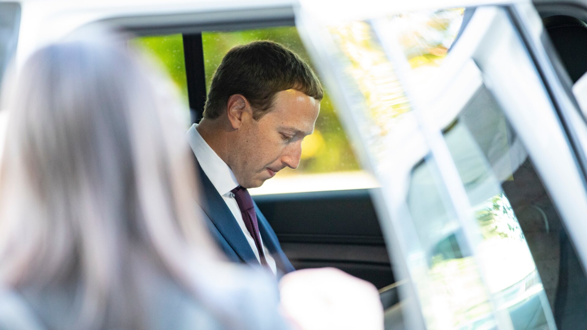 Facebook founder and CEO Mark Zuckerberg eats some food that was waiting for him in his vehicle after leaving a meeting with Senator John Cornyn (R-TX) in his office on Capitol Hill on September 19, 2019 in Washington, DC.