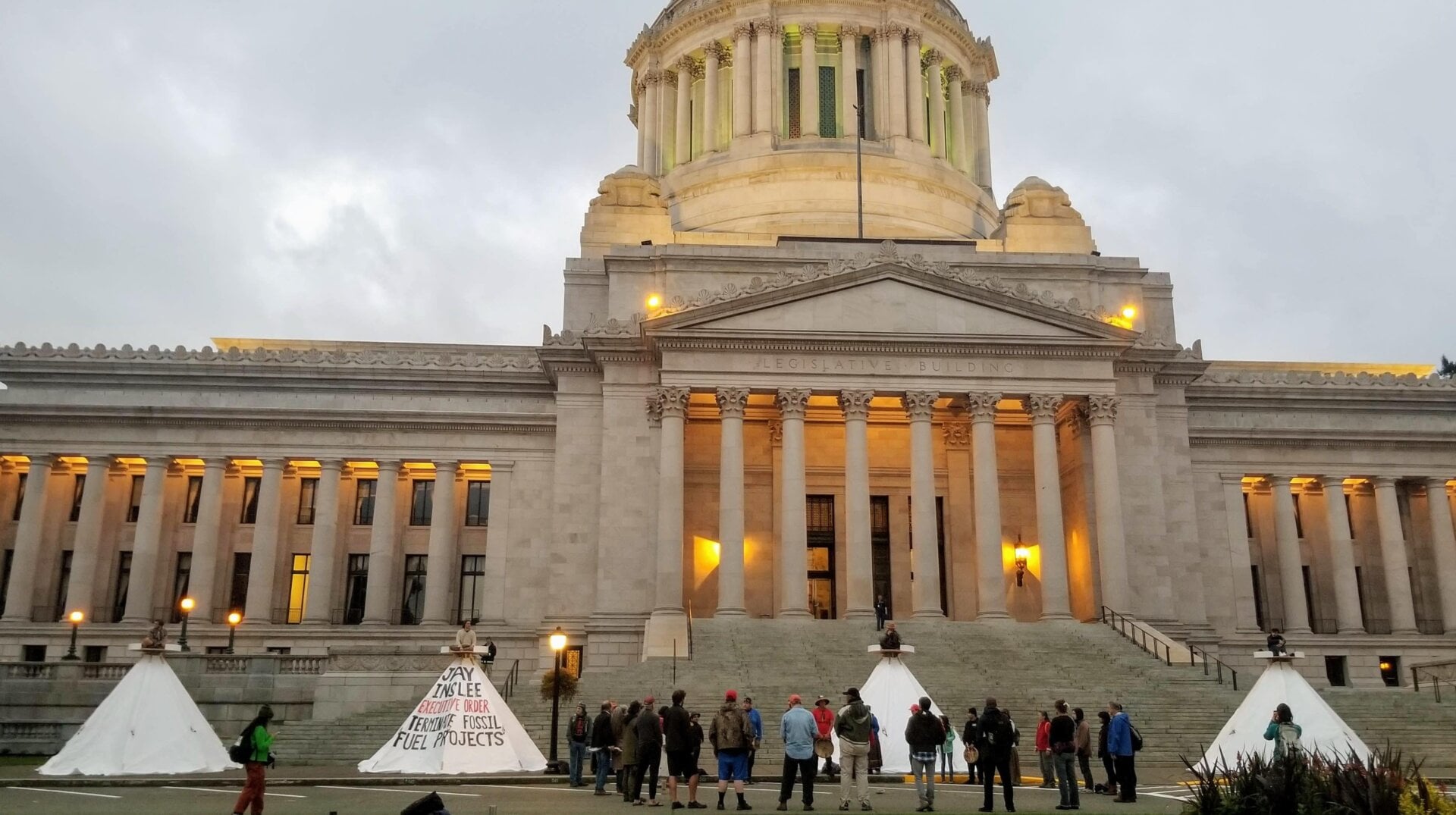 Protestors rally outside the Capitol in Olympia, Washington.