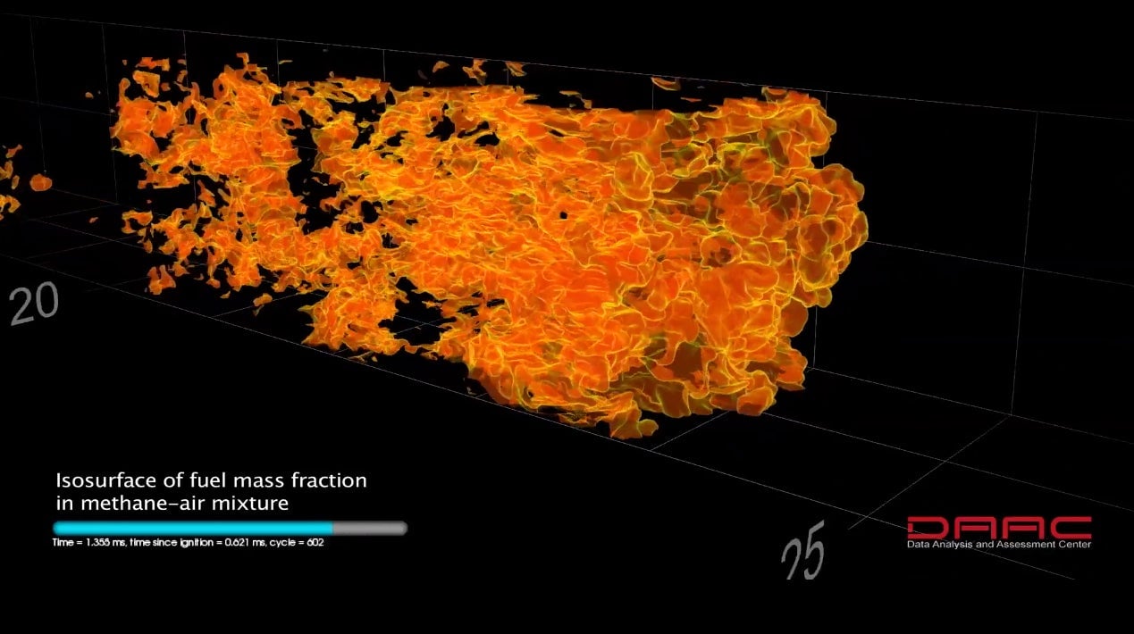 A simulation showing the explosion traveling down the tube