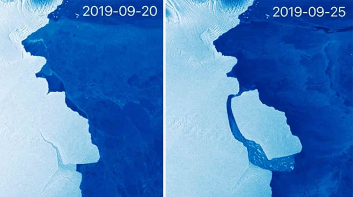 Left: The Amery Ice Shelf on September 20, 2019. Right: The dislodged iceberg drifting away from the ice shelf on September 25, 2019.