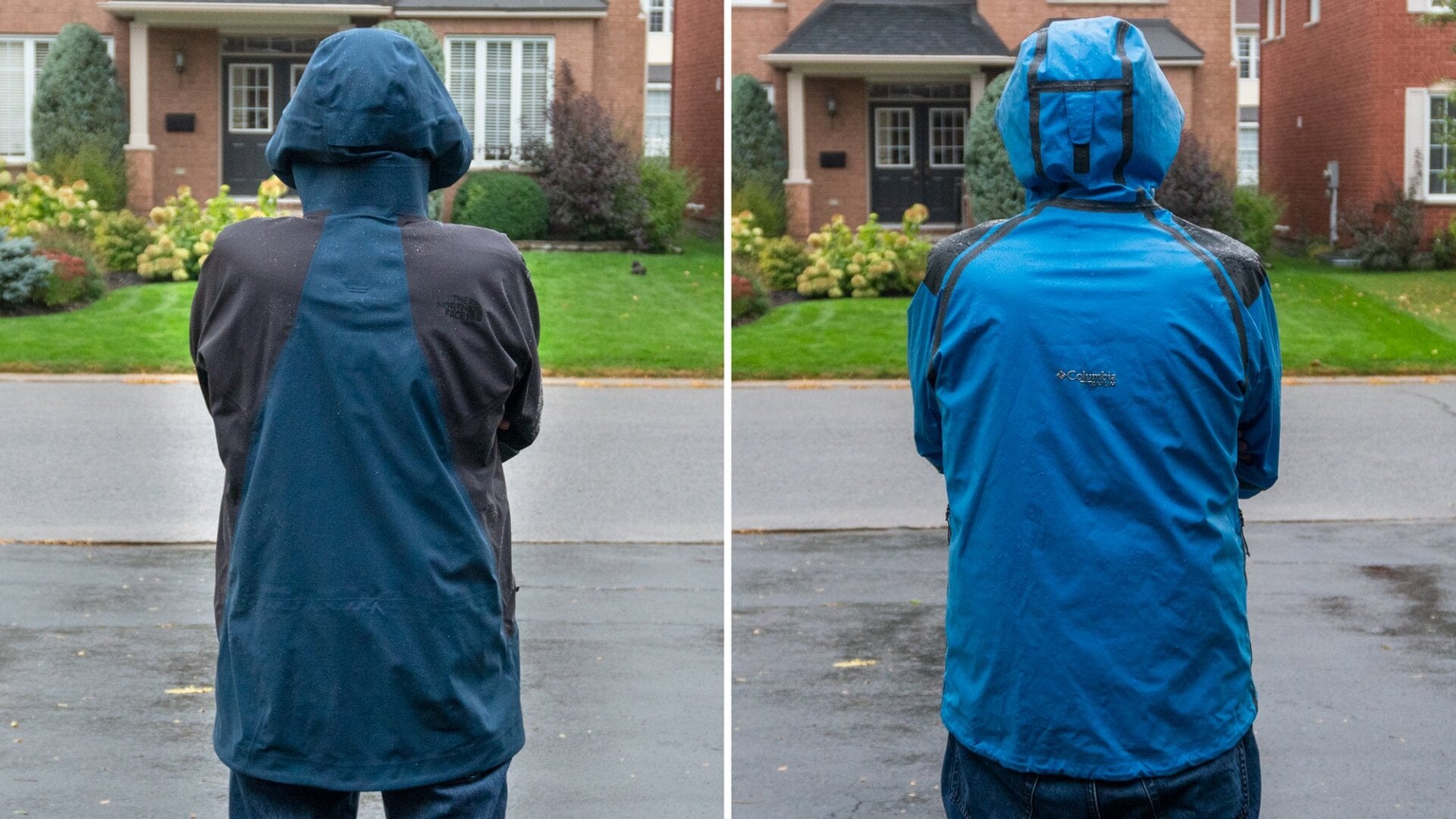 The North Face Freethinker Futurelight jacket (left) versus the Columbia OutDry Extreme jacket (right). The Columbia has a glossier and more rubbery appearance and doesn’t hang as naturally while wearing it.