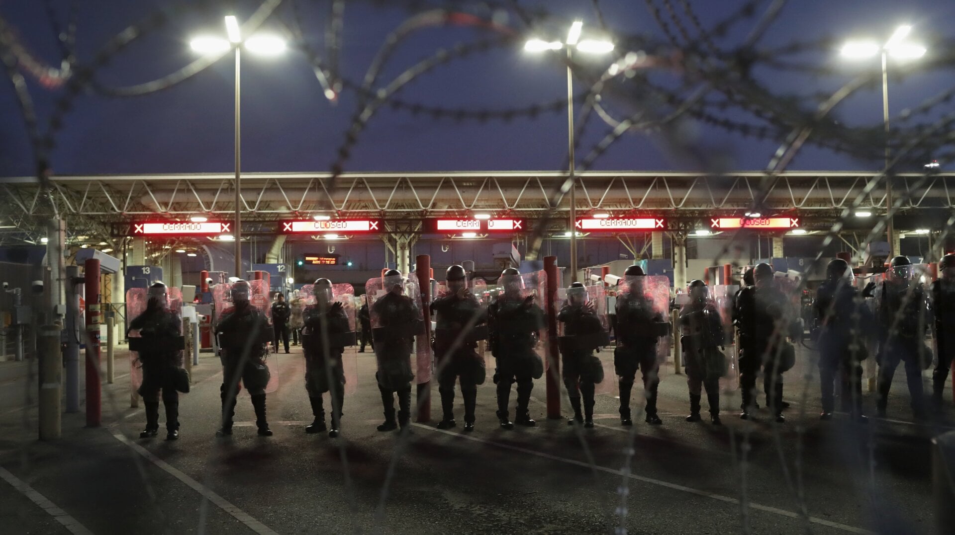 U.S. Customs and Border Protection (CBP) officers blocking the Otay Mesa port of entry from Mexico into the U.S. during a crowd control training exercise in December 2018.