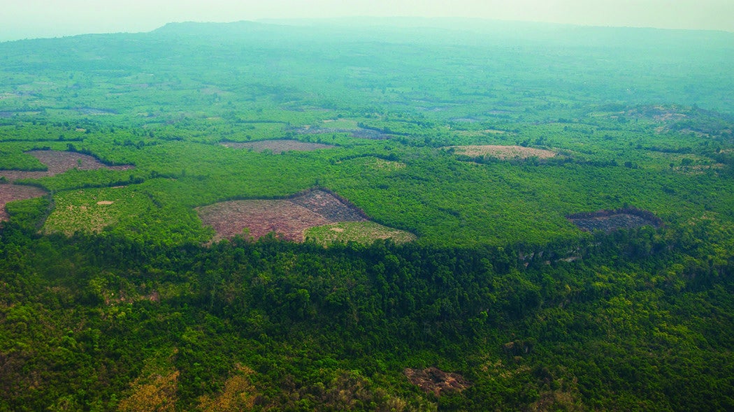 Aerial view of the Phnom Kulen plateau and escarpment.