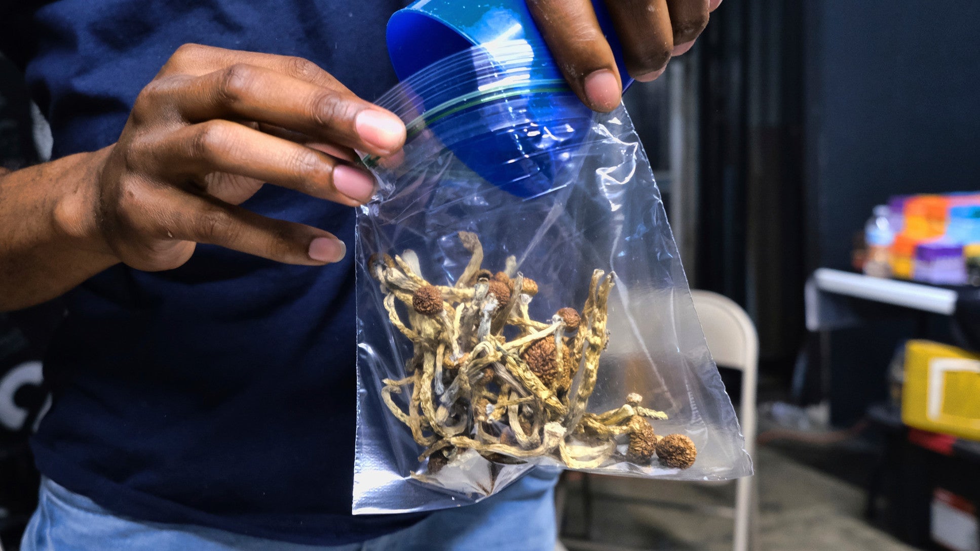 A vendor bagging psilocybin mushrooms