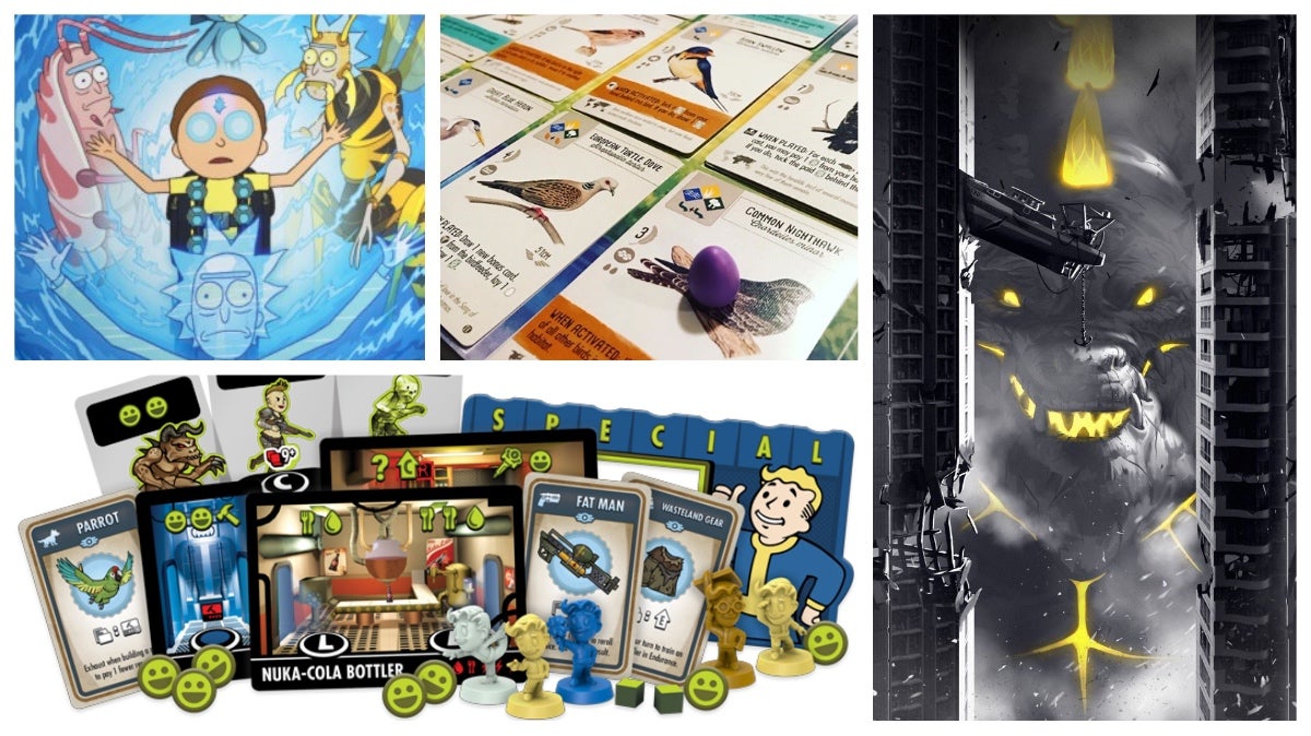 Clockwise from left: Rick and Morty: The Morty Zone Dice Game, Windspan European Expansion, King of Tokyo: Dark Edition, and Fallout Shelter: The Board Game.
