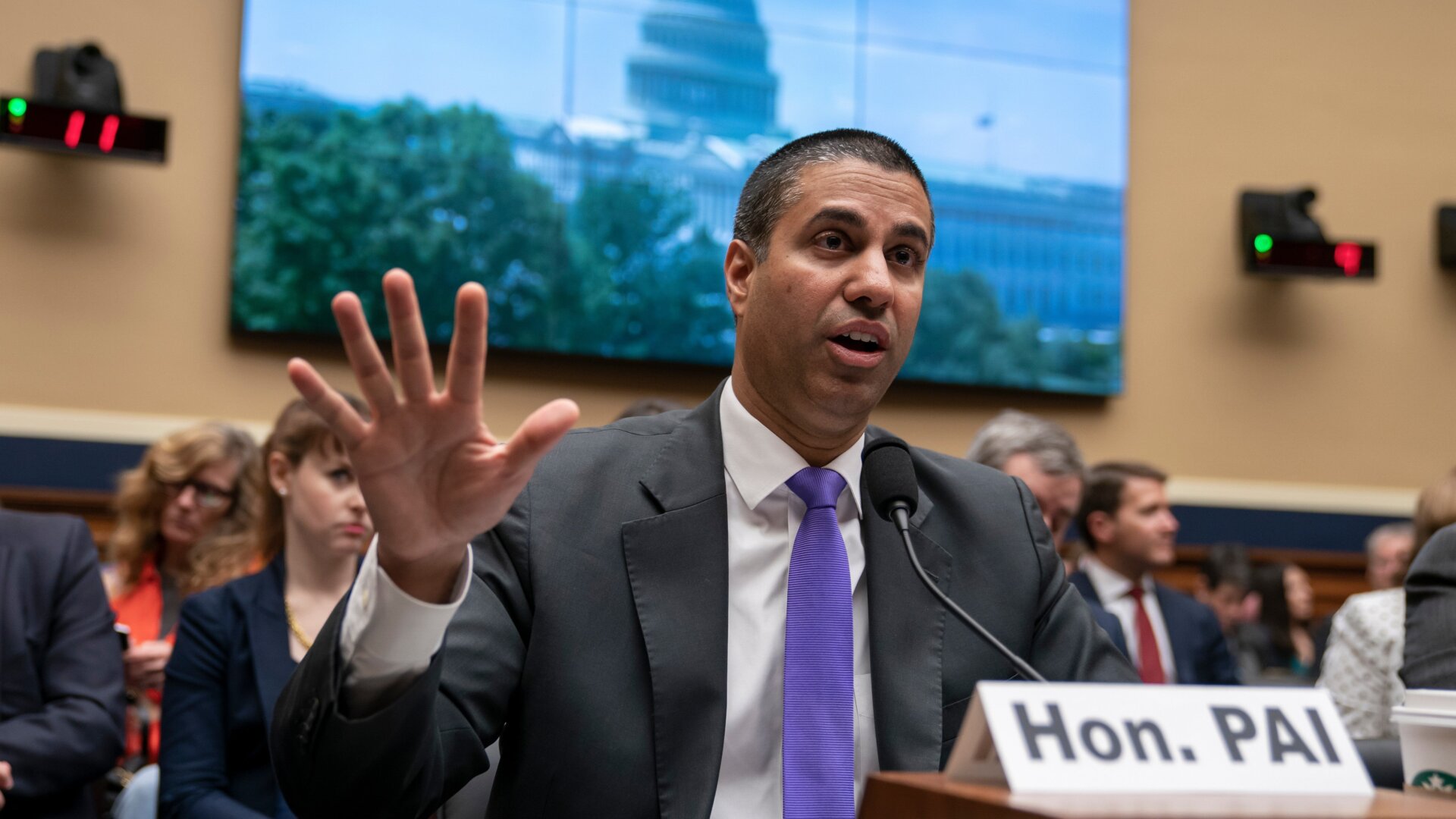 Ajit Pai, chairman of the Federal Communications Commission, testifies as the House Energy and Commerce Committee holds an oversight hearing of the FCC, on Capitol Hill in Washington, Wednesday, May 15, 2019.