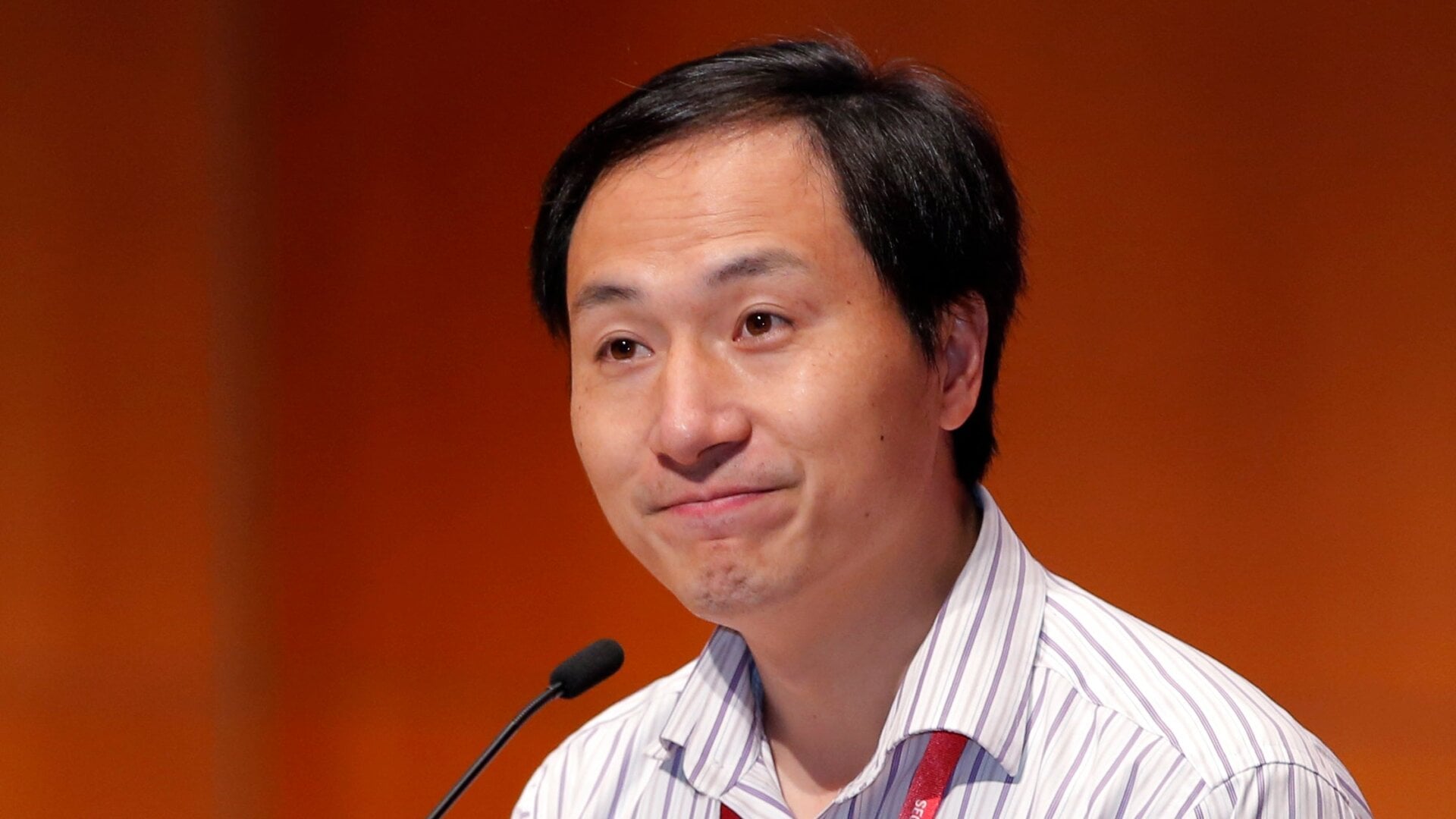 He Jiankui speaking in 2018 at a conference in Hong Kong.