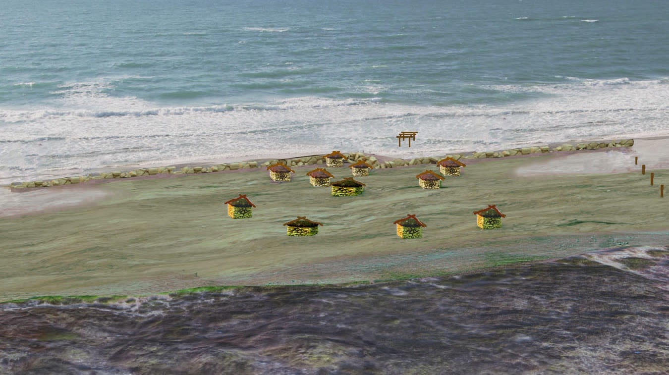 Artist’s reconstruction of the Neolithic village and the 7,000-year-old seawall.