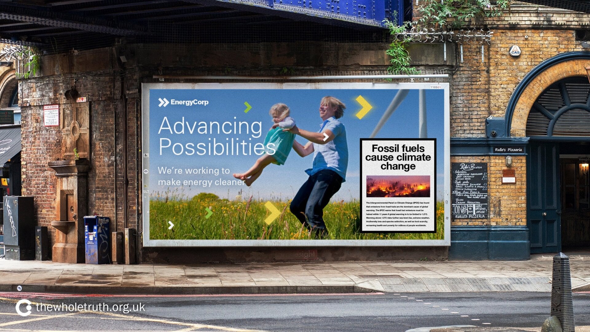 A mock up of one of BP’s ad with a warning about fossil fuels