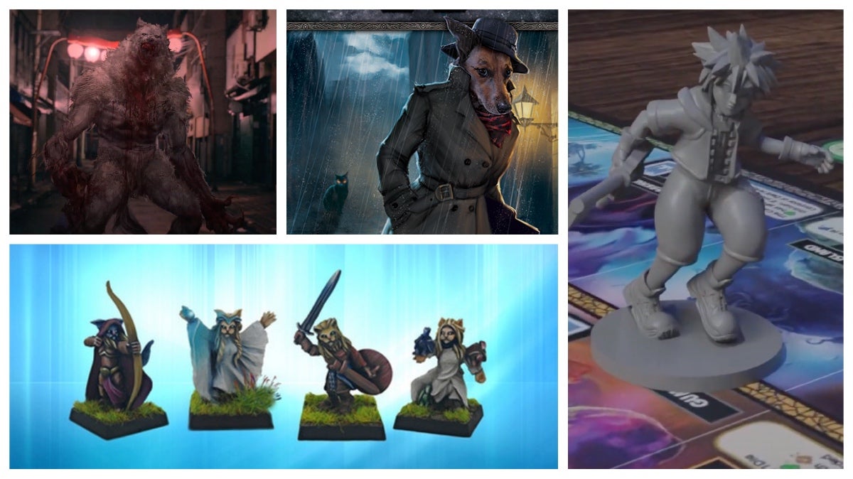Clockwise from left: Werewolf: The Apocalypse, Barkham Horror, Talisman: Kingdom Hearts, and Legendary Cats miniatures.