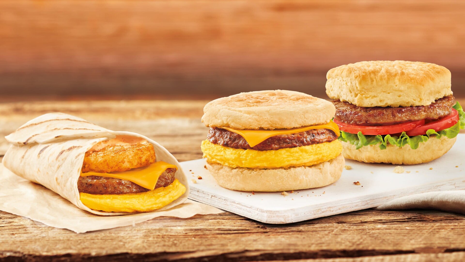 The Beyond Sausage Egg & Cheese sandwich, the Beyond Sausage Farmer’s Wrap, and Beyond Sausage Lettuce Tomato sandwich from Tim Hortons