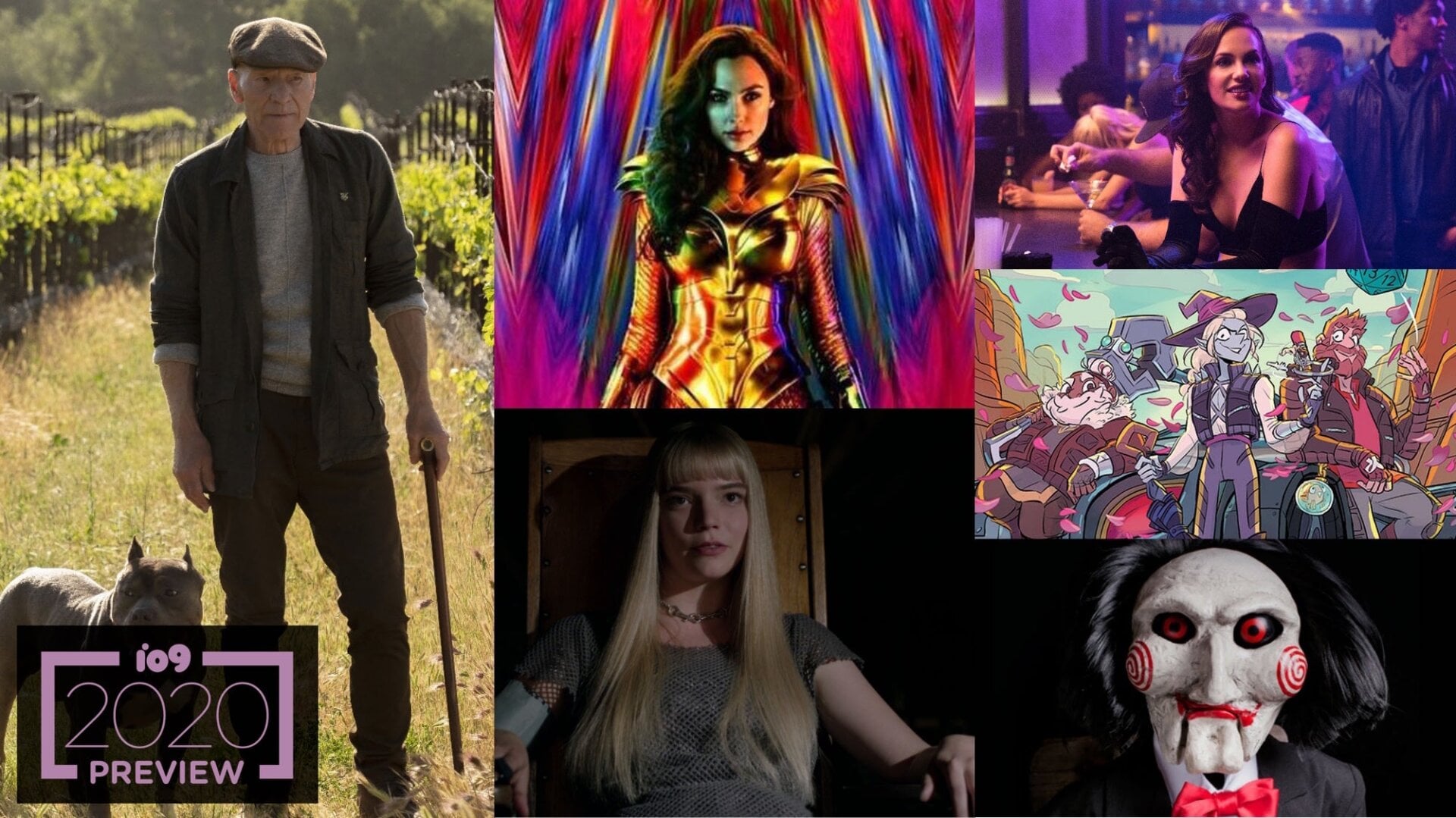Clockwise from left: Star Trek: Picard, Wonder Woman 1984, The Haunting of Hill House, The Adventure Zone: Petals to the Metal, Saw, and The New Mutants.