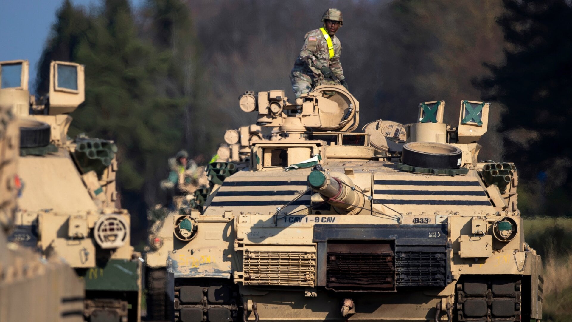 Troops with the U.S. Army’s 1st Armoured Battalion of the 9th Regiment, 1st Division from Fort Hood in Texas prepare for defense exercises in Lithuania in 2019.