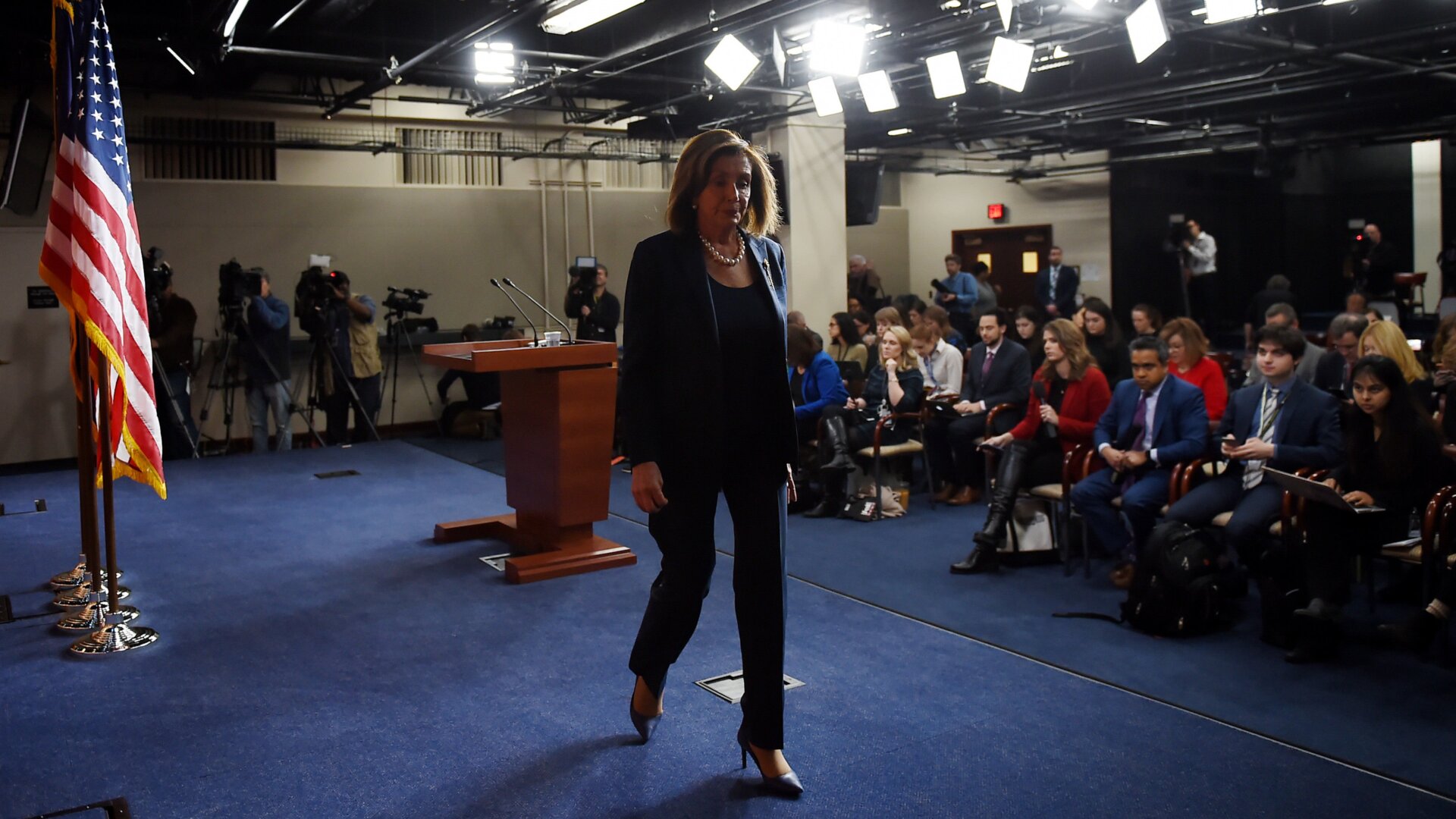 US Speaker of the House Nancy Pelosi, Democrat of California, leaves after speaking at her weekly press briefing on Capitol Hill, January 16, 2020, in Washington, DC.