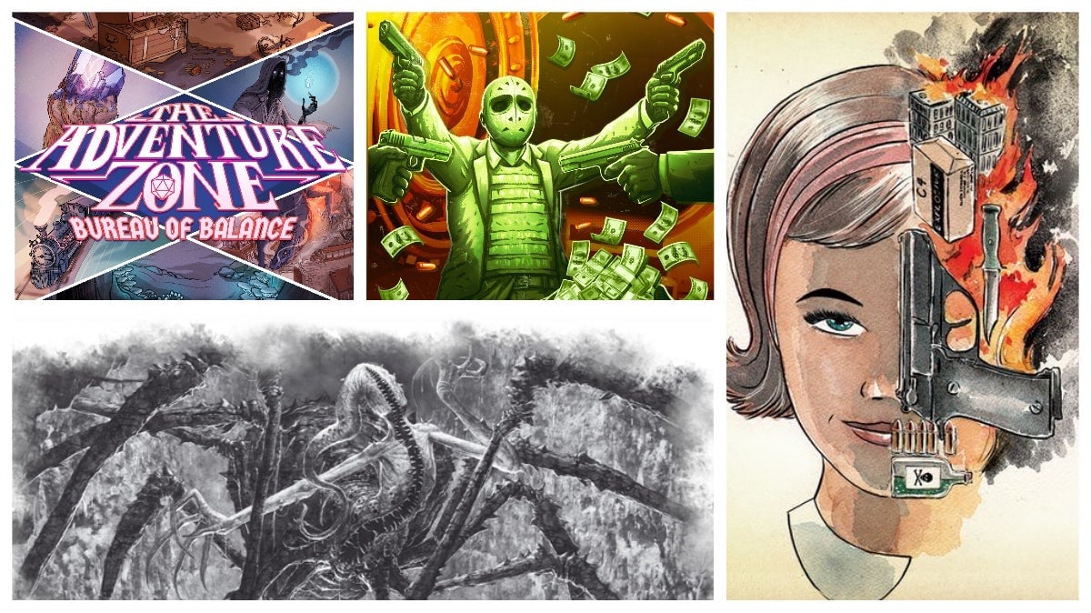 Clockwise from left: The Adventure Zone: Bureau of Balance, Never Bring a Knife, Mind MGMT, and Arkham Horror: The Card Game.