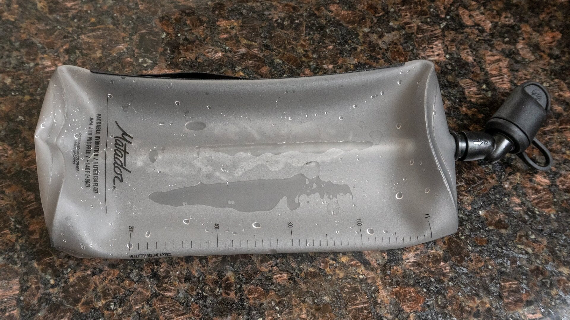 Matador’s packable bottle does squish down flat when empty, but it can’t be rolled up due to a semi-rigid plastic straw running along its length.