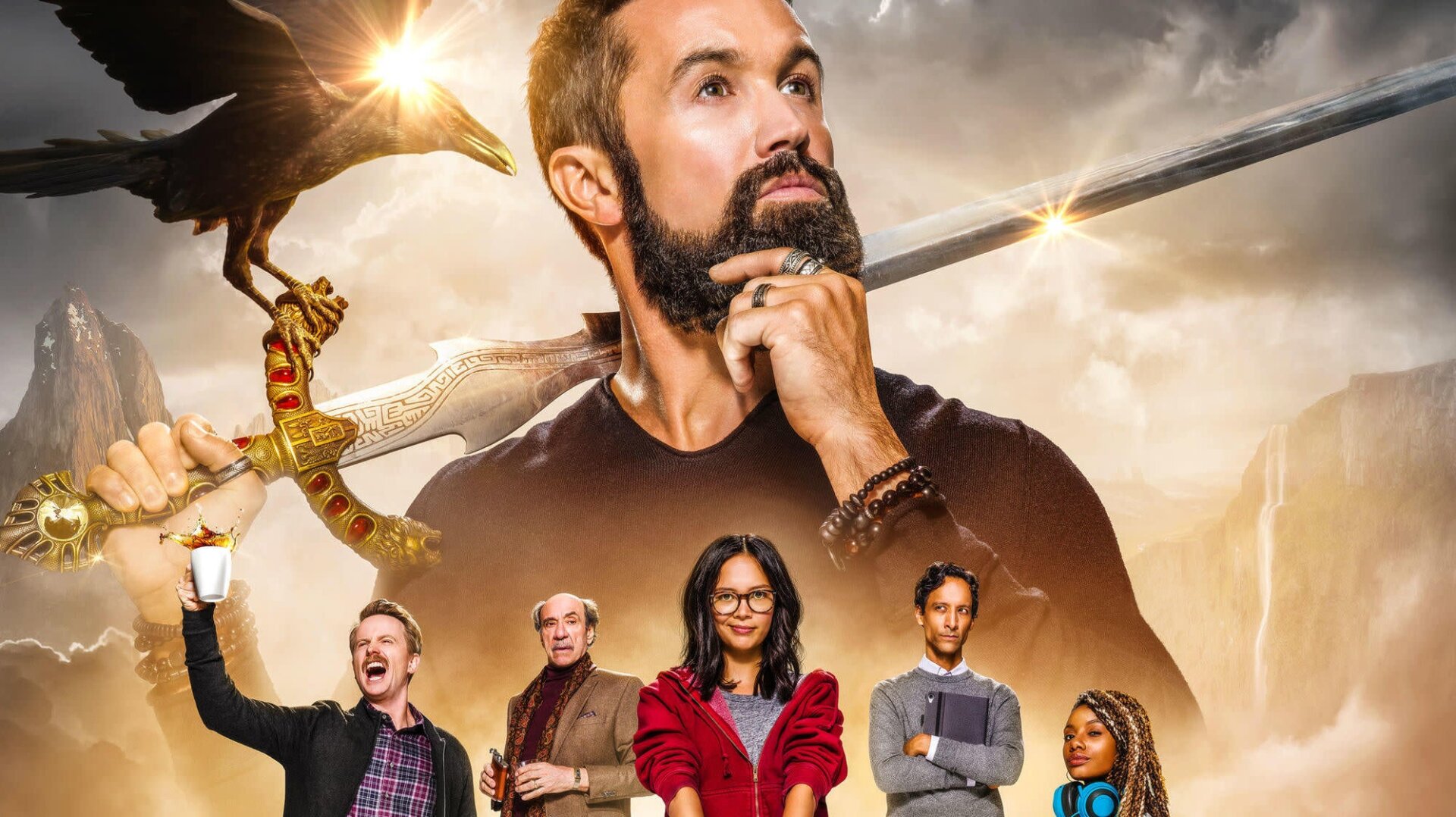 Rob McElhenney and his co-stars in the key art for Mythic Quest: Raven’s Banquet.