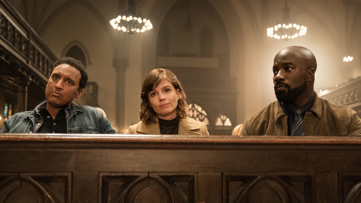 Ben (Aasif Mandvi), Kristen (Katja Herbers), and David (Mike Colter) in the Evil finale.