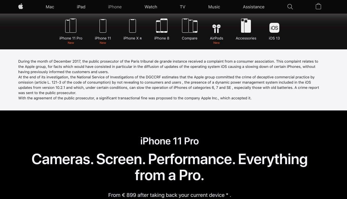 A screenshot of the iPhone page on the French version of the Apple Store. Translated into English.