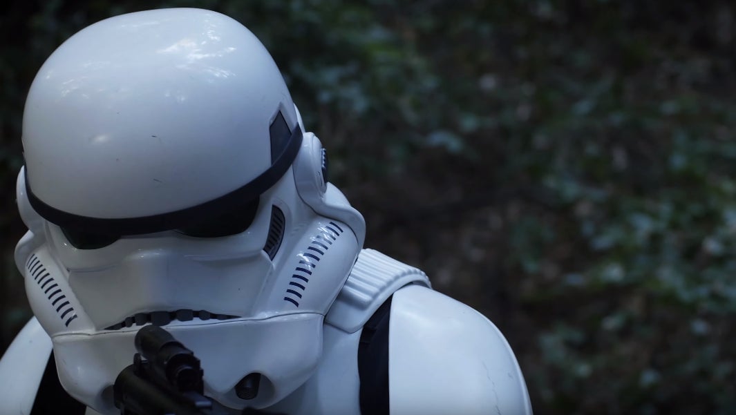 A Stormtrooper in the forest.