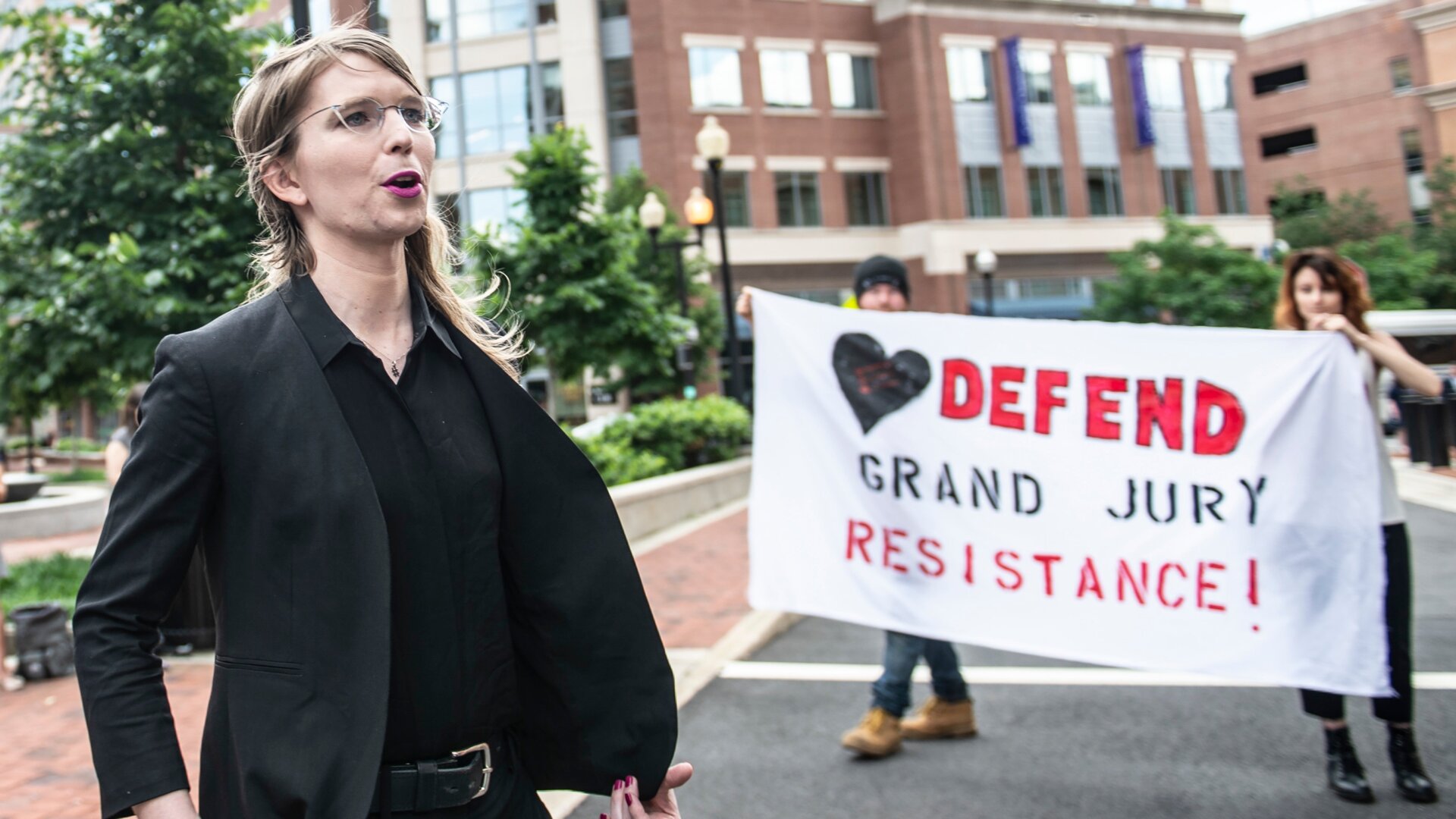 Former military intelligence analyst Chelsea Manning leaves after speaking to the press ahead of a Grand Jury appearance about WikiLeaks, in Alexandria, Virginia, on May 16, 2019.