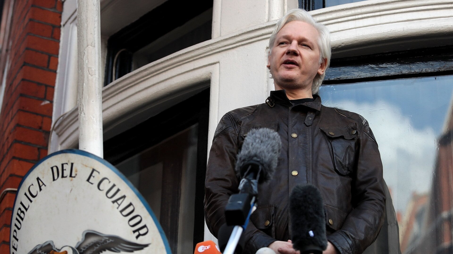 Assange in the Ecuadorean embassy in London, 2017.