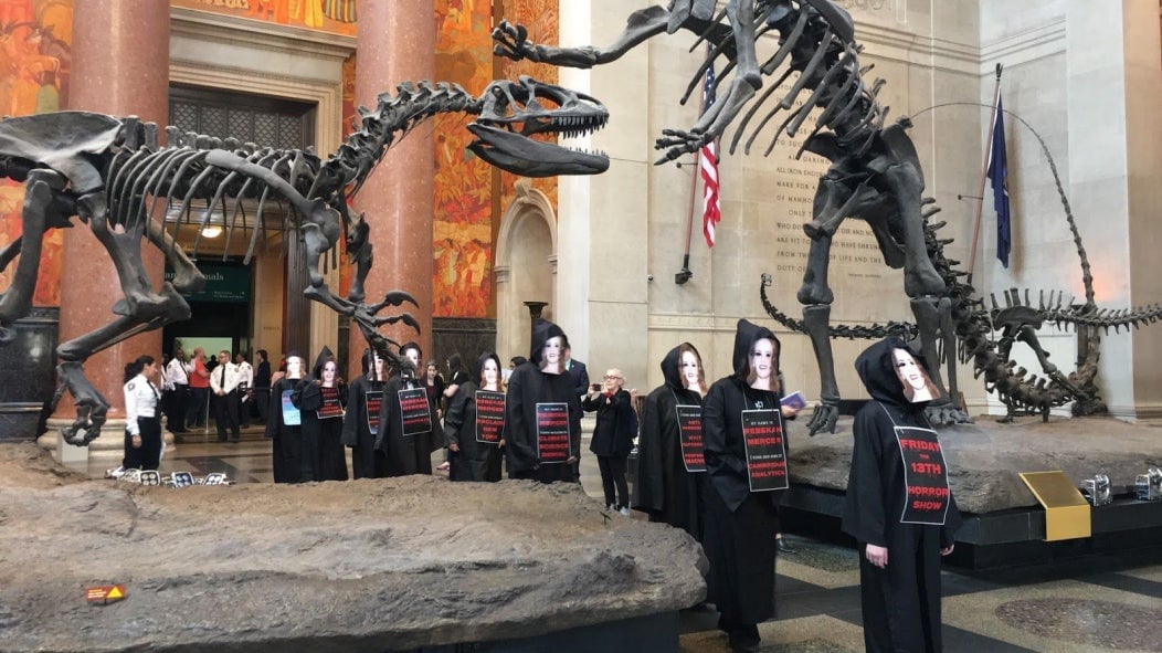 Activists protest Rebekah Mercer’s board seat at the American Natural History Museum.