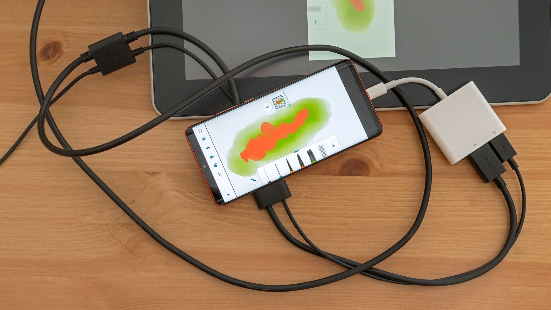 There’s no wireless connectivity and no rechargeable battery on the Wacom One, so you’ll need to bring this cumbersome breakout cable with you everywhere you go.