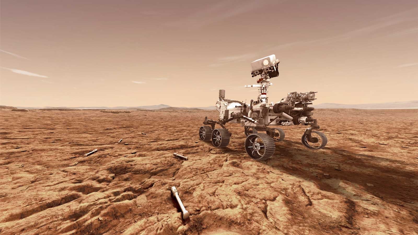 Artist’s conception of Mars 2020 rover after dropping soil samples containing Martian soil samples on the surface.