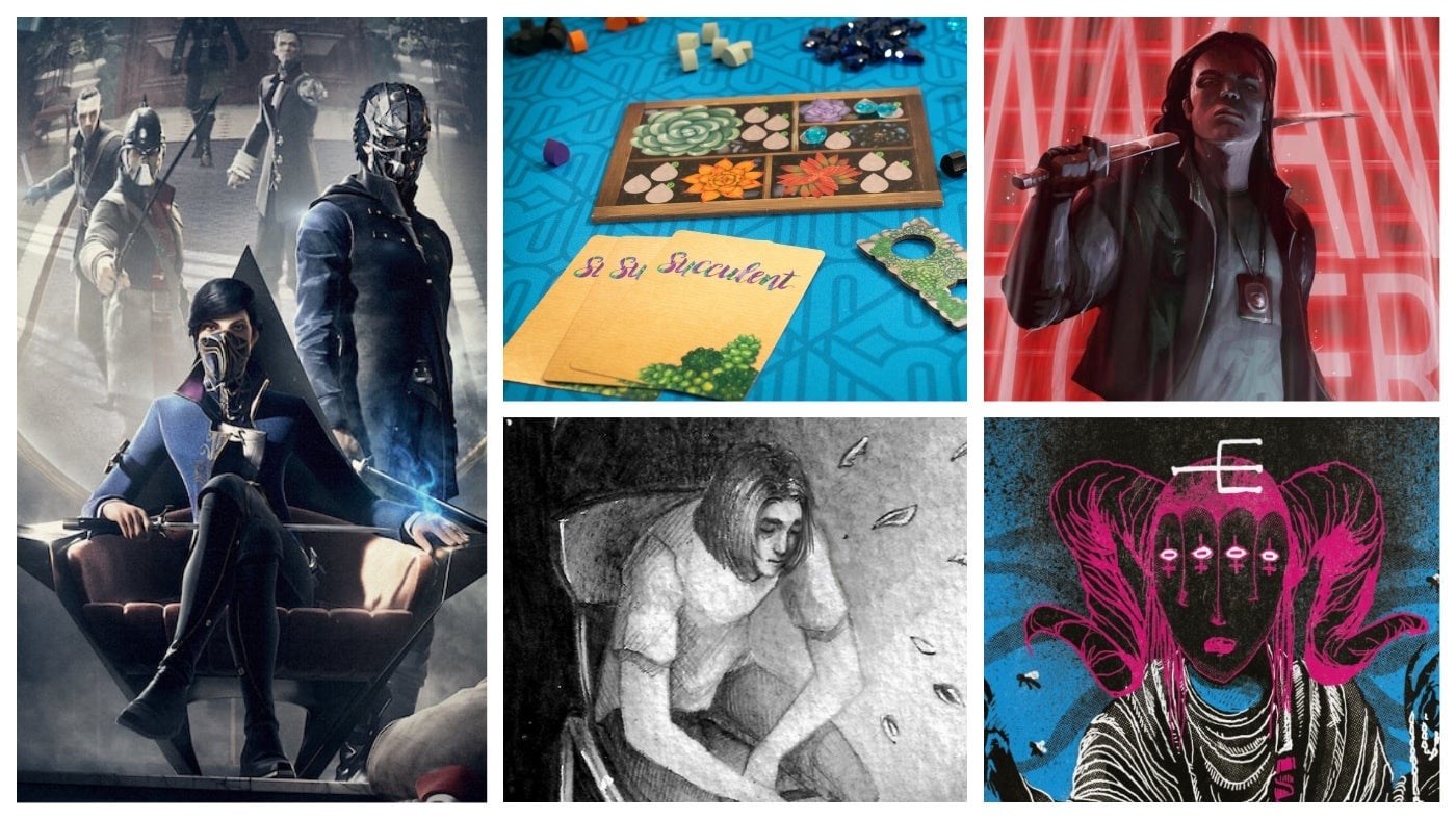 Clockwise from left: Dishonored: The Roleplaying Game, Succulent, Code 3, MÖRK BORG, and The Wait.