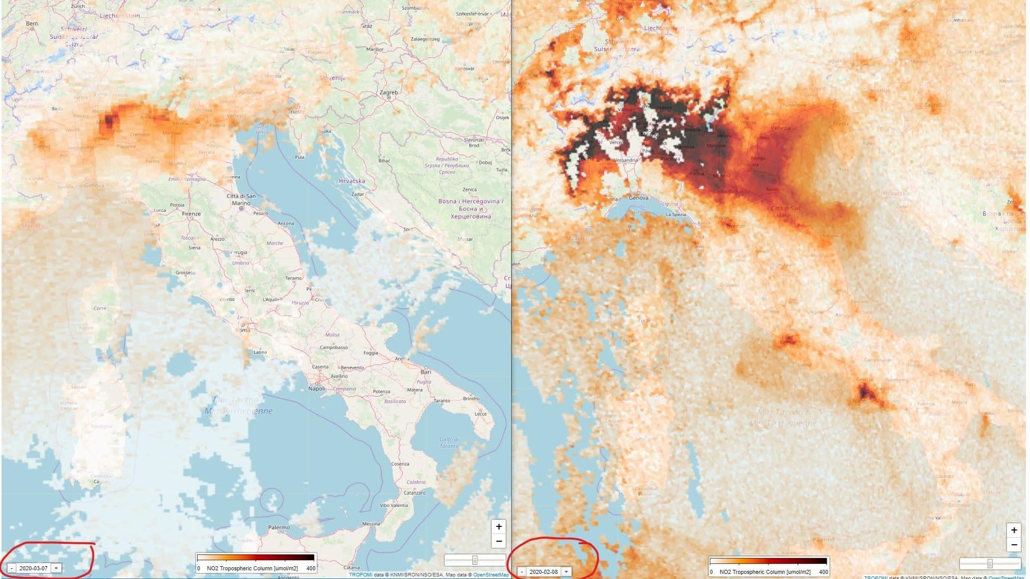 Satellite data showing nitrogen dioxide emissions over northern Italy on March 7 (left) and February 8 (right).