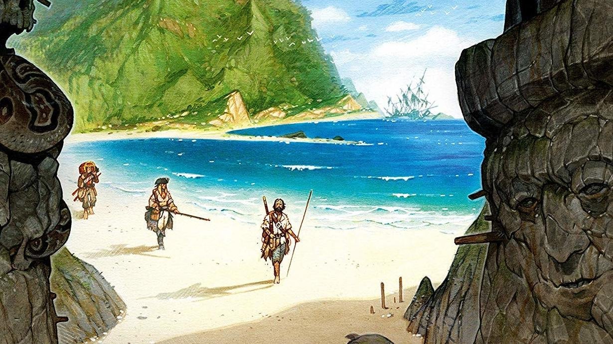A section of the box cover art for Robinson Crusoe: Adventures on the Cursed Island. 