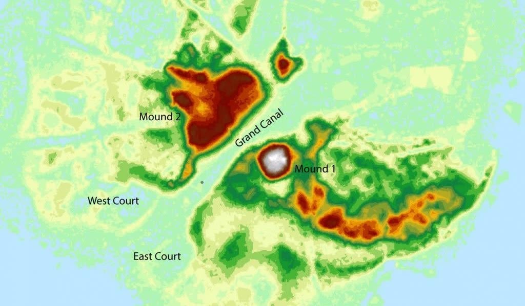 The two watercourts analyzed in the new study, which are located near two prominent mounds. 