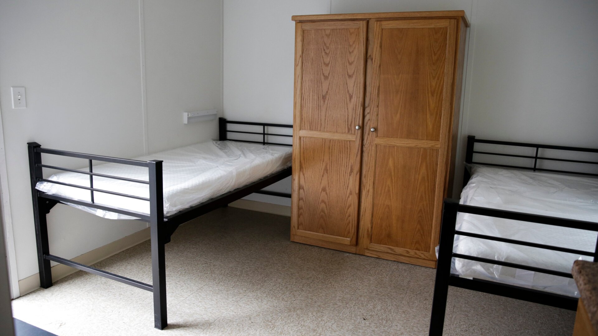 A room in the first of 18 modular four-room housing units being prepared for COVID-19 patients in King County, Washington on a site in White Center, just outside of Seattle, on March 3, 2020.