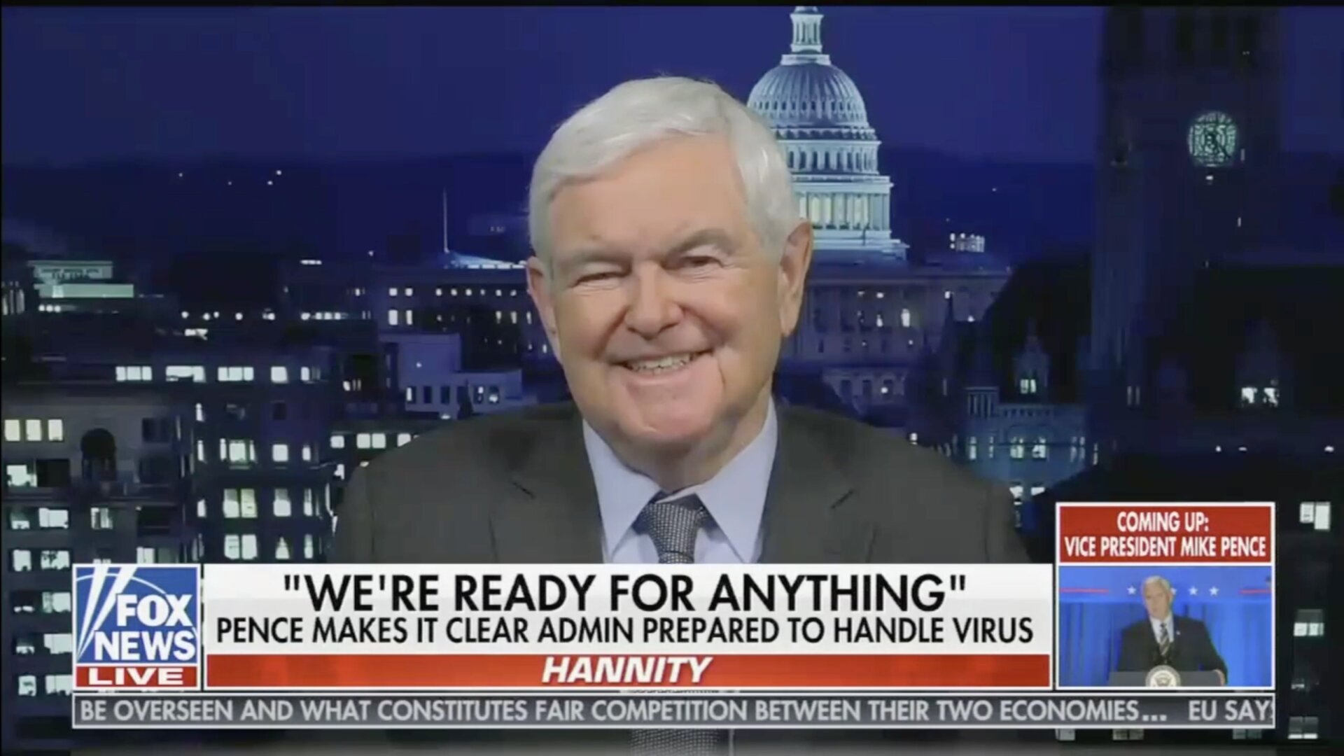 Newt Gingrich on Sean Hannity’s Fox News show on February 27, 2020 ridiculing San Francisco for declaring a state of emergency over covid-19