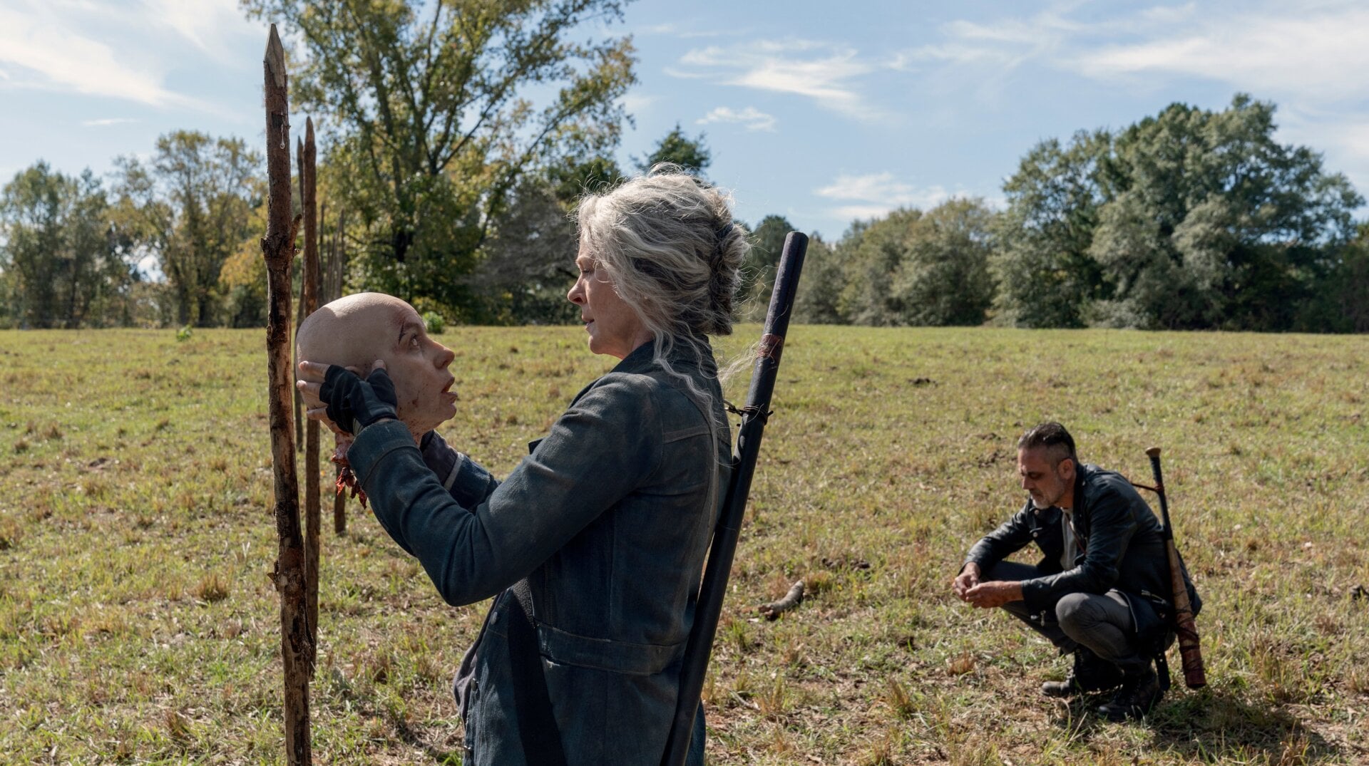 Carol (Melissa McBride) and Negan (Jeffrey Dean Morgan) “celebrate” their victory.