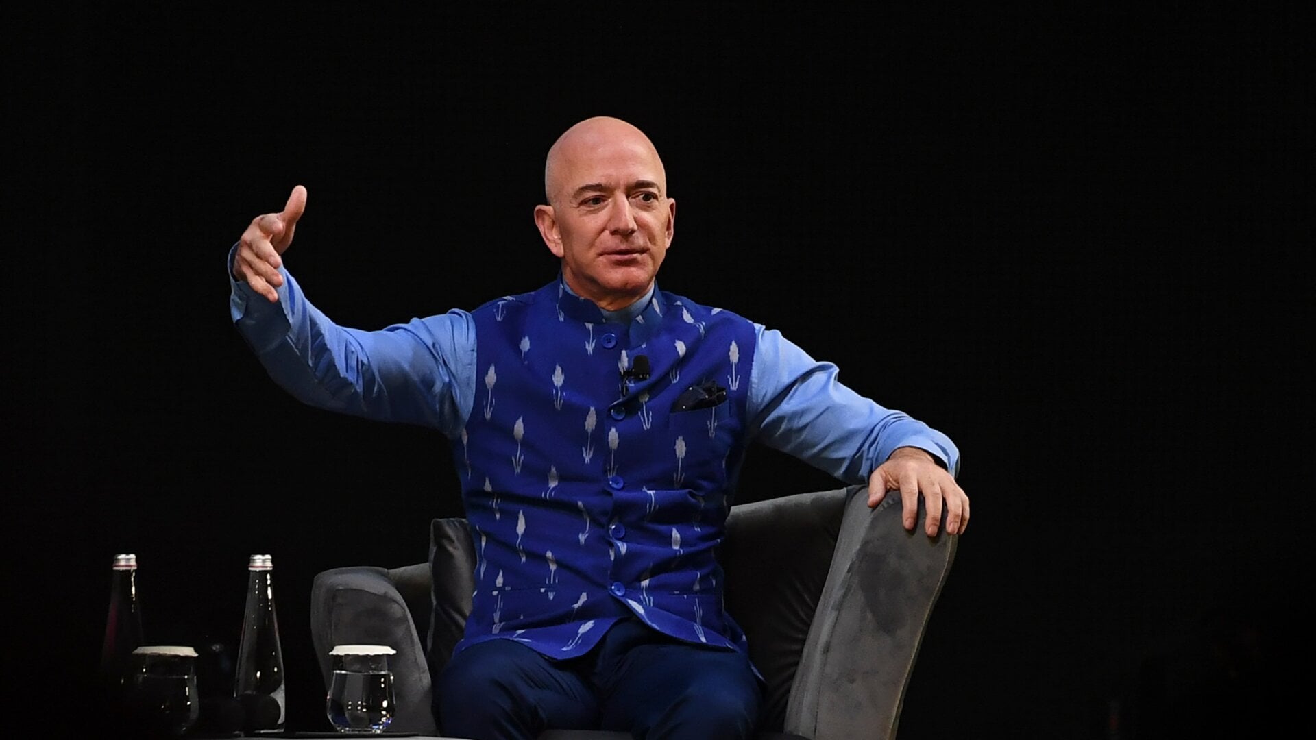 CEO of Amazon Jeff Bezos gestures as he addresses the Amazon’s annual Smbhav event in New Delhi on January 15, 2020.