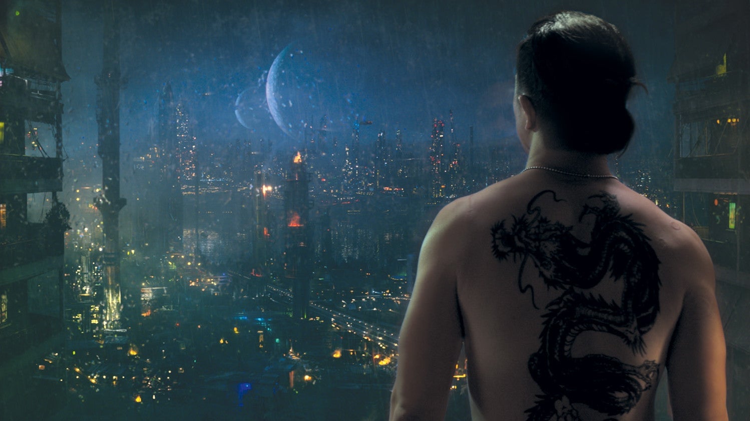 Kovacs looks out over a cityscape on his home planet, Harlan’s World.