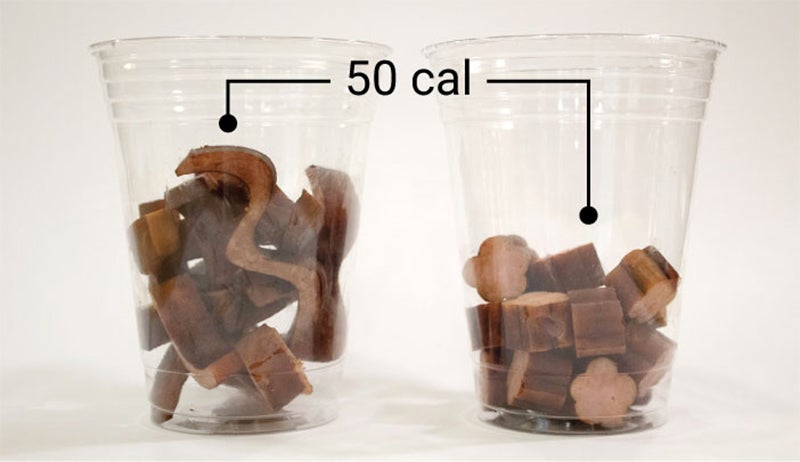 An example of how simple perception can alter someone’s appetite. Both cups contain the same amount of ham, but one looks like it’s holding more food as a result of a laser cutting method that generates complex shapes that don’t stack as efficiently. The perception is that the cup on the left will leave a diner feeling more satiated than the cup on the right.