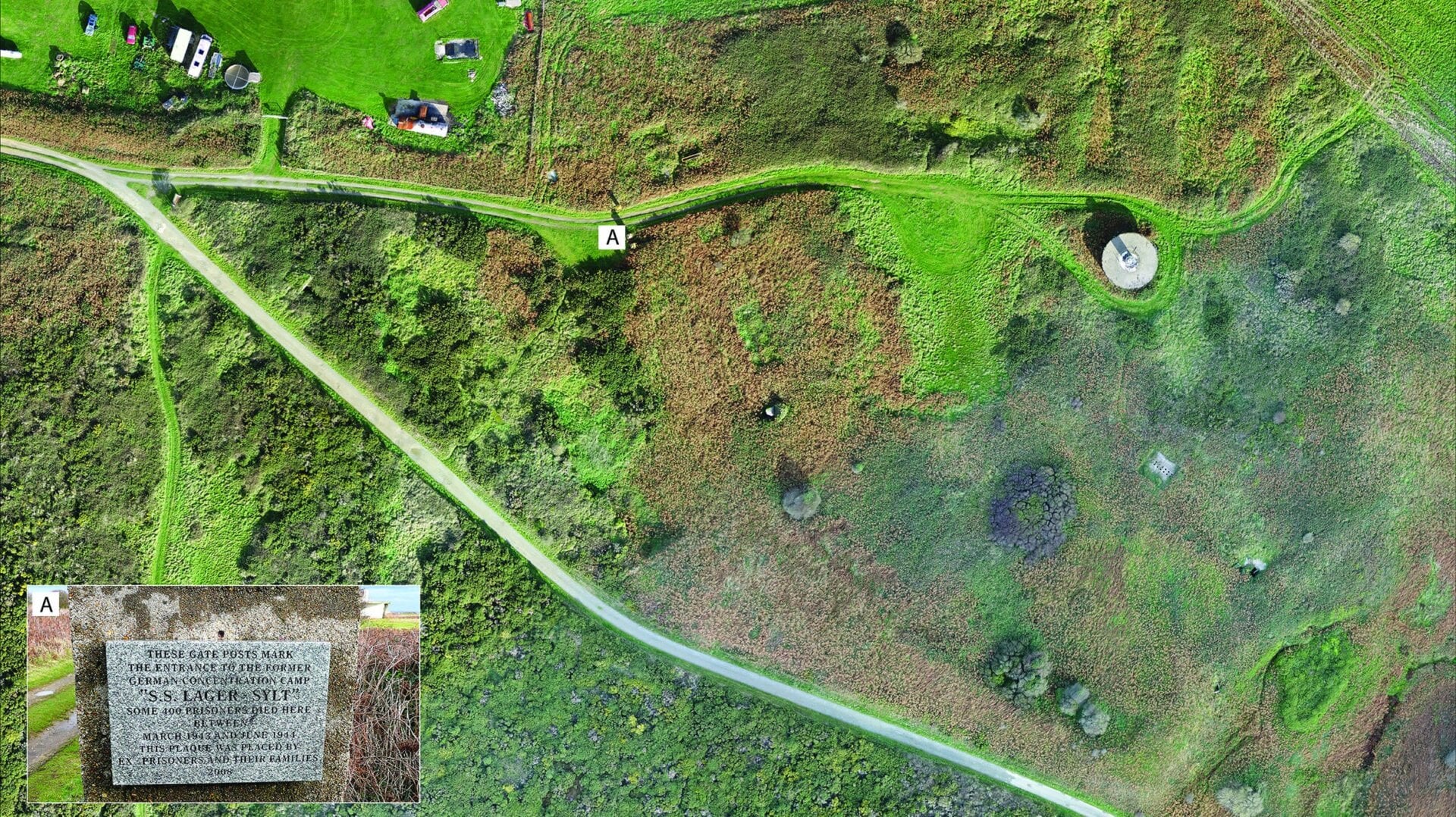 Drone shot of the remains of Sylt, with a memorial in the inset.